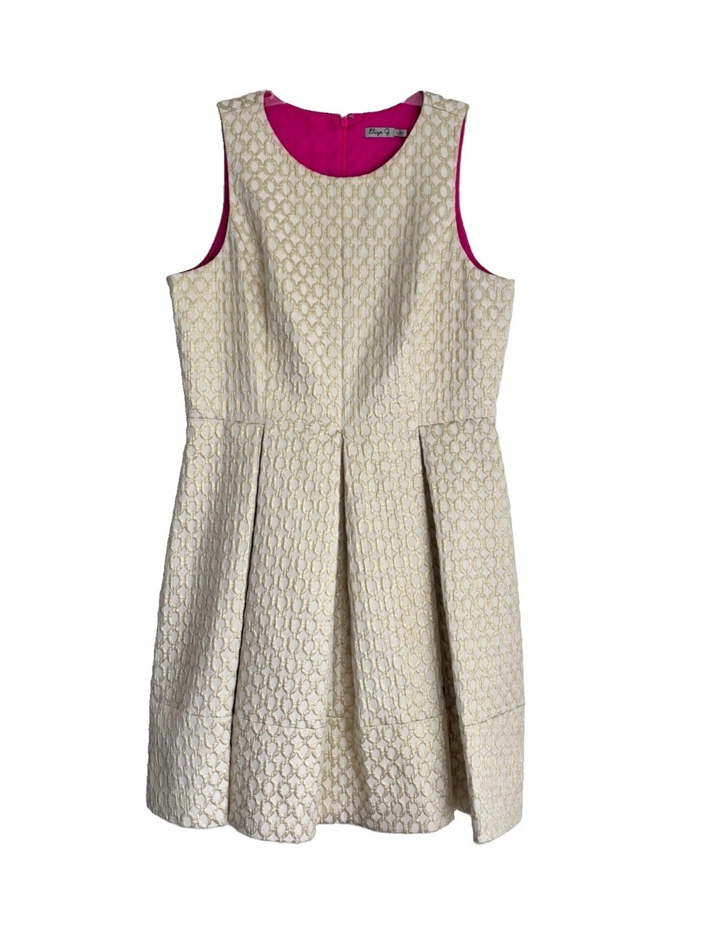 Eliza J Dress Gold Ivory Circle Chain Jacquard Fit Flare Sleeveless Size 14